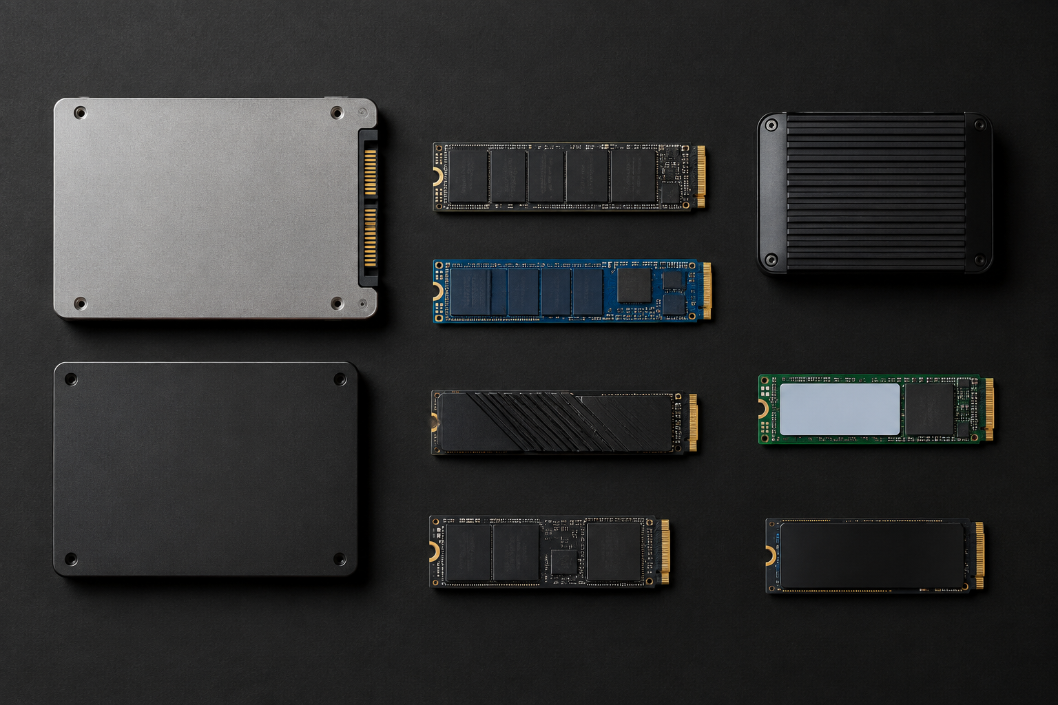 Assortment of different SSD models from various manufacturers laid out together