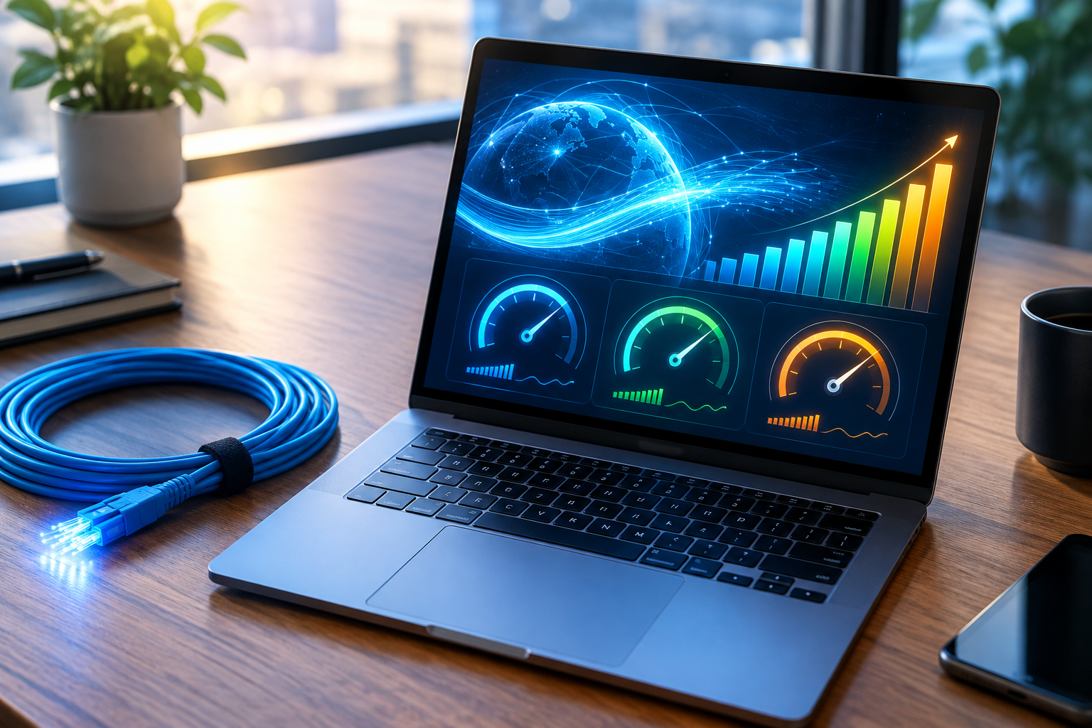 Laptop displaying abstract network speed graphs with a fiber optic cable on a desk