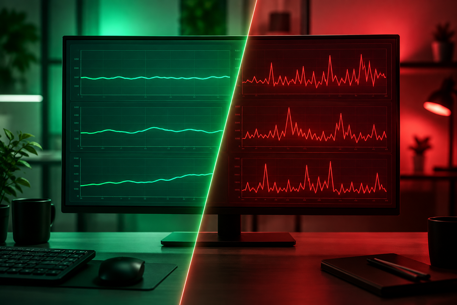 Split image contrasting calm green normal readings with red warning alerts on a monitor