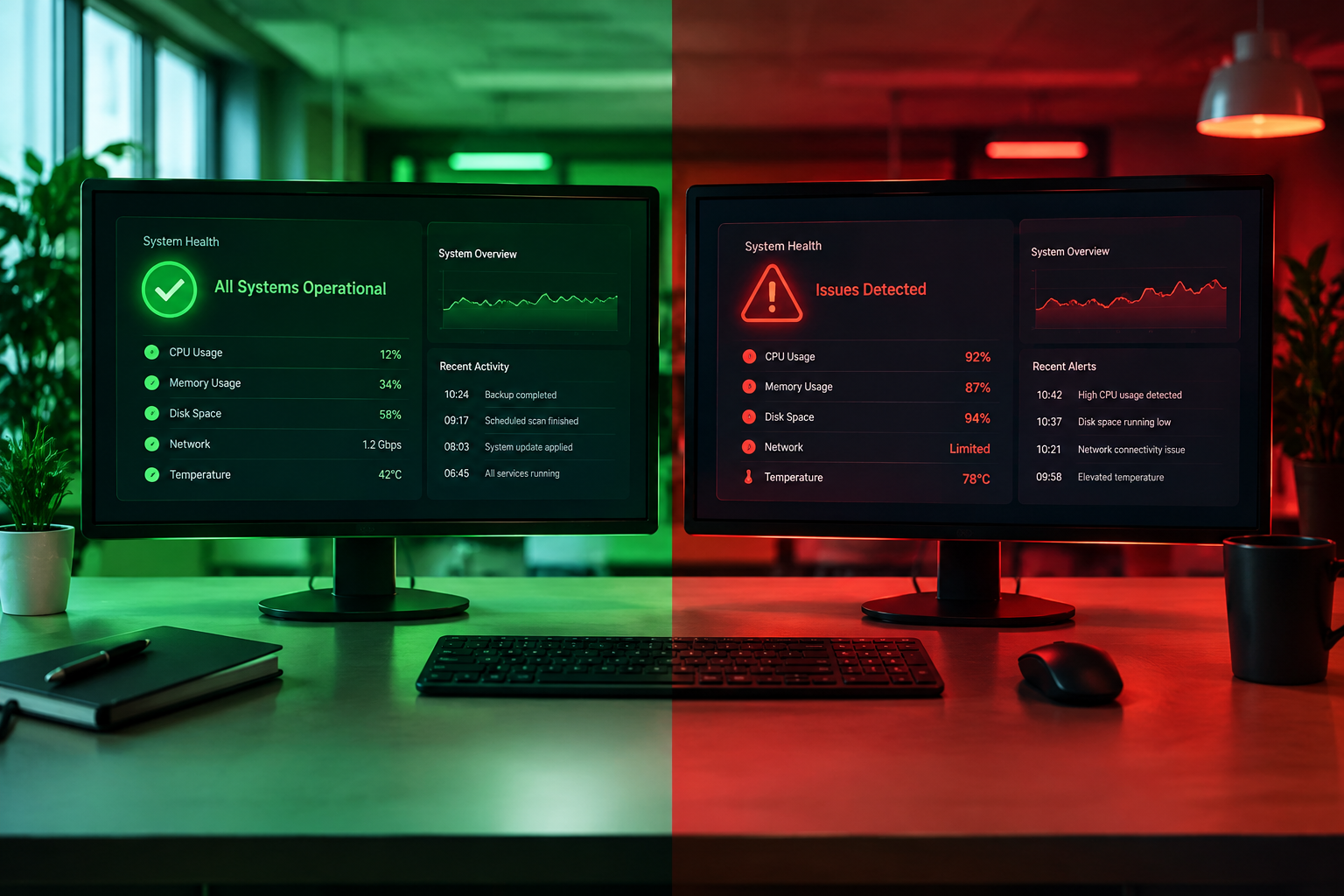 Two monitors contrasting normal green status versus warning red alerts for SSD health