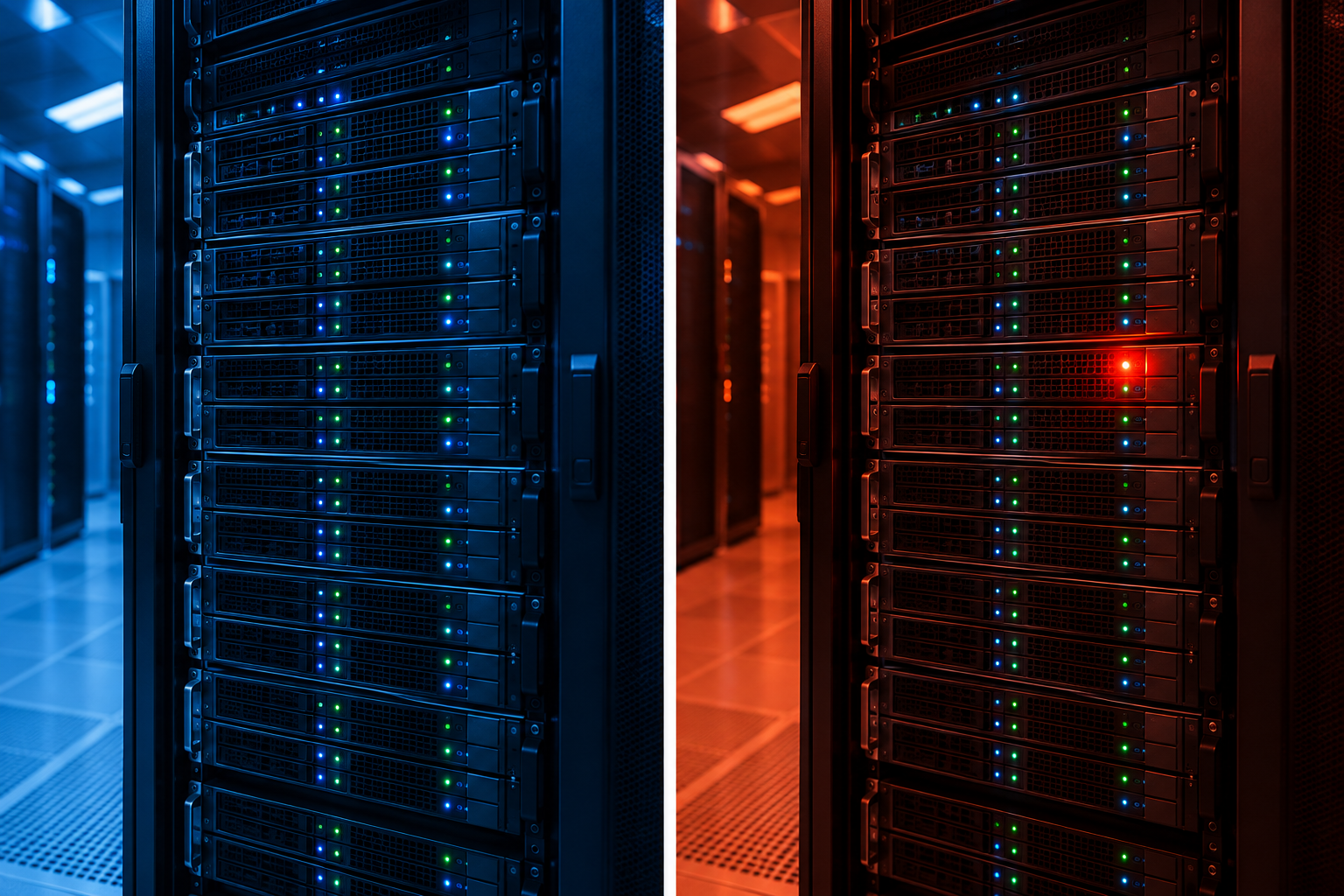 Split image contrasting calm blue server lights with warning red server lights
