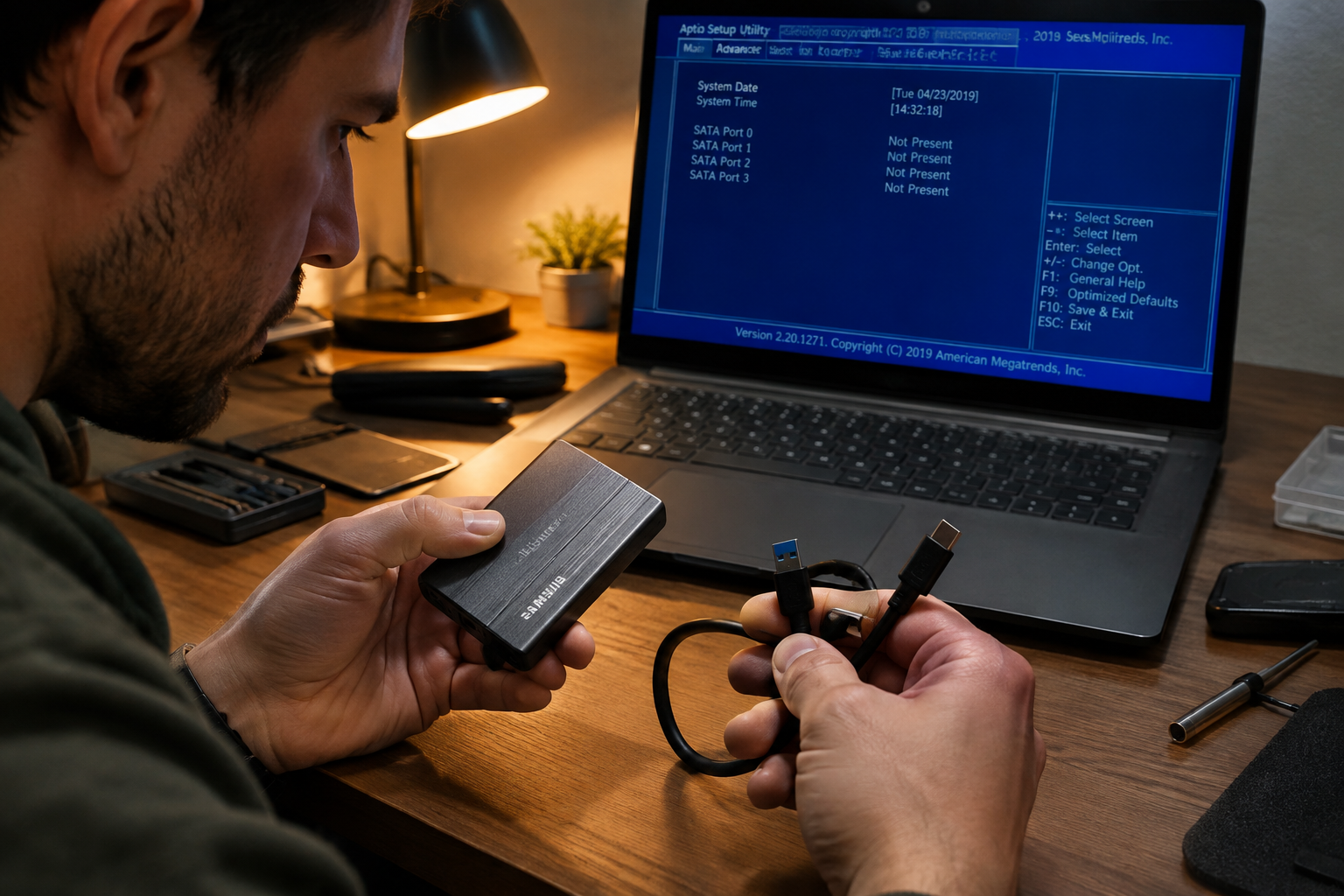 Person troubleshooting an external SSD that is not detected by the computer