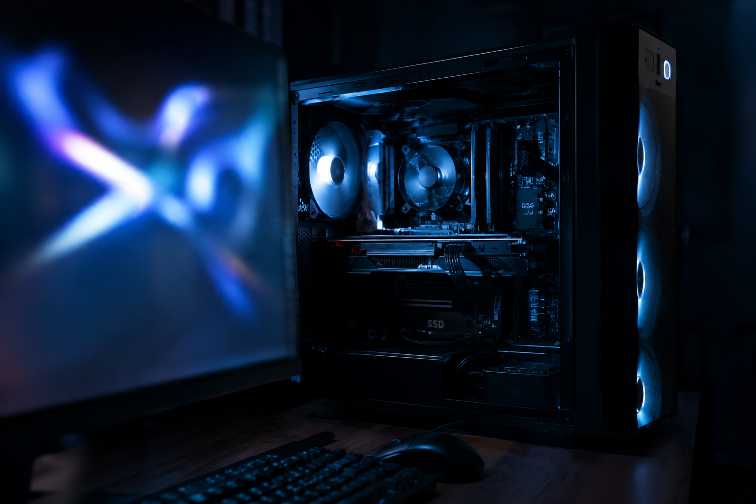 Desktop computer powering on with visible internal hardware and boot sequence lighting