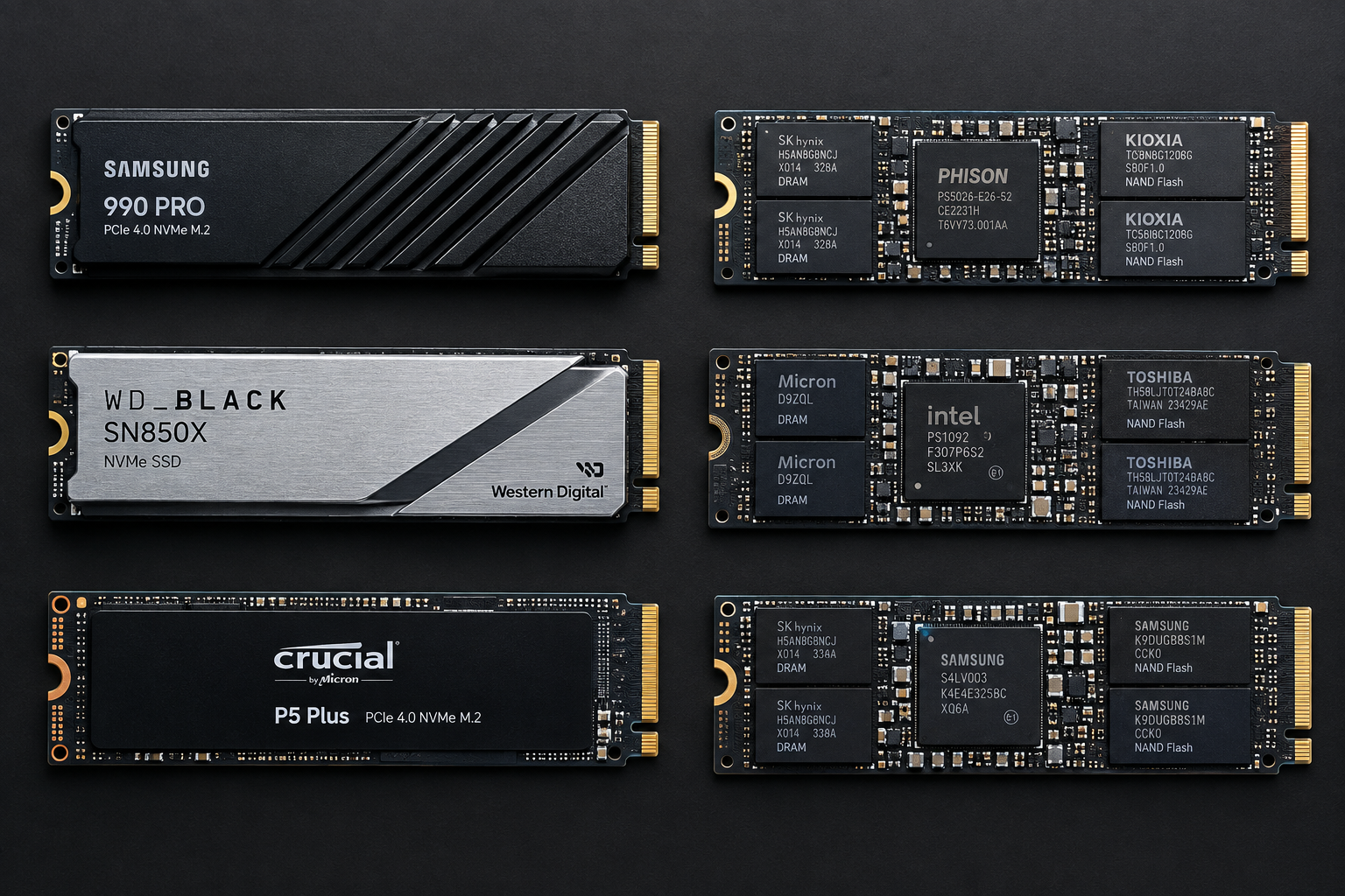 Flat lay of multiple NVMe SSDs showing their DRAM cache chips and circuit boards