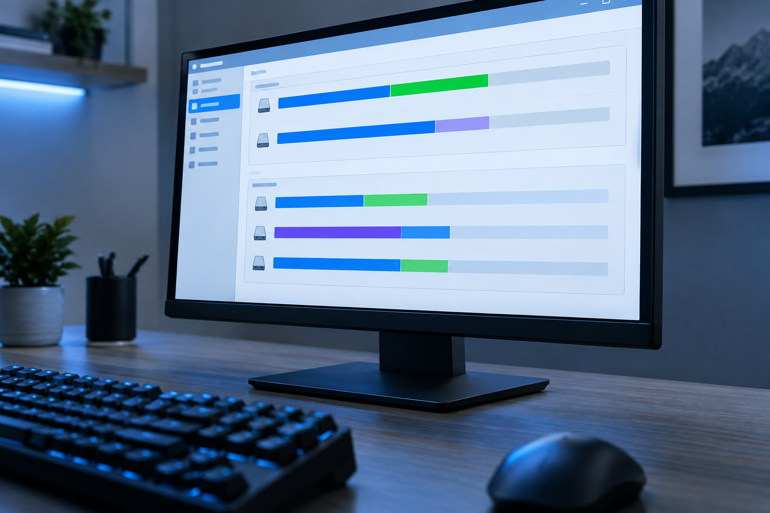 Computer screen showing a disk management style interface with partition status bars