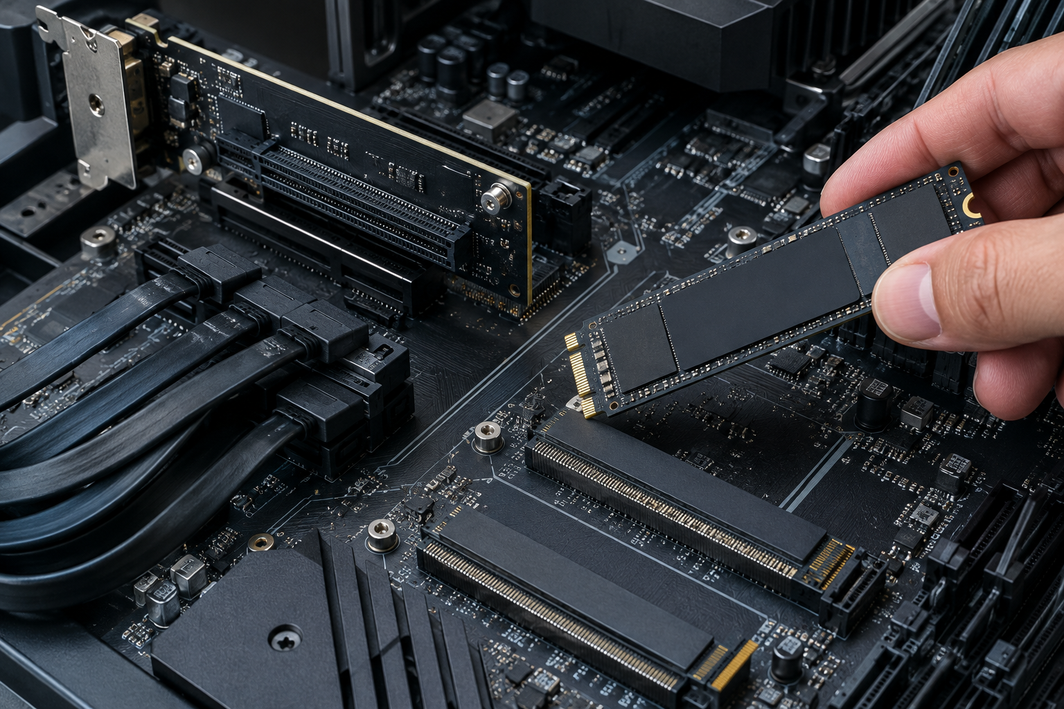 Close-up of motherboard M.2 slots, cables, and an NVMe SSD being installed