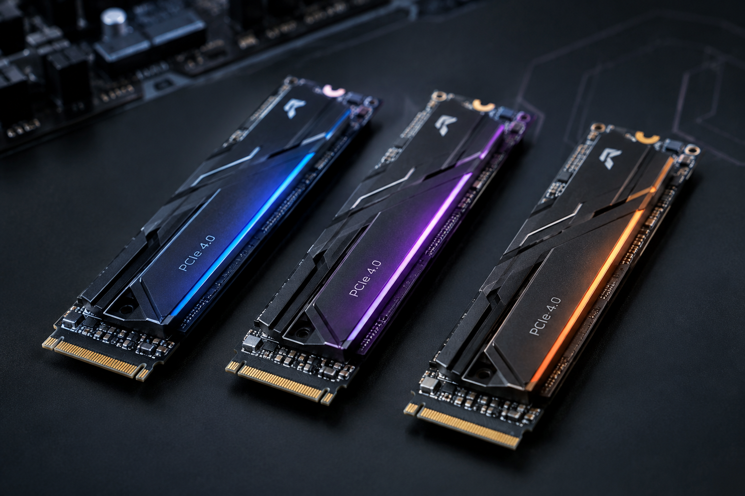 Three M.2 NVMe SSDs representing different PCIe generations on a dark surface
