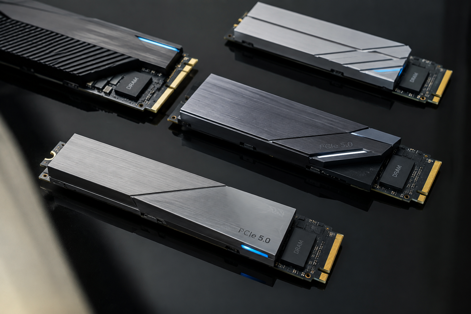 Multiple PCIe 5.0 SSDs with onboard DRAM chips displayed on a reflective surface