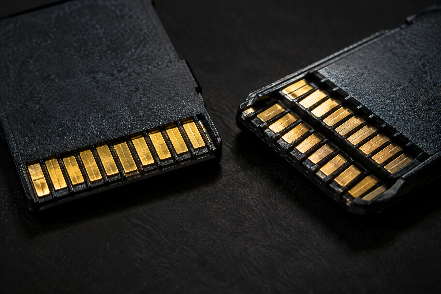 Macro view comparing single-row and double-row SD card contact pins