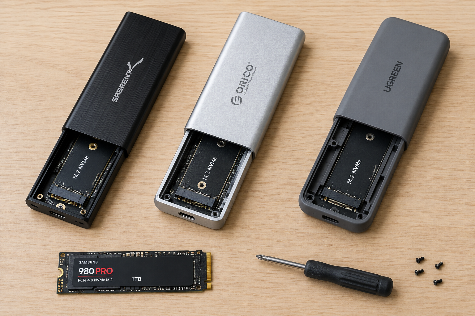 Several external M.2 SSD enclosures arranged on a desk with a bare SSD stick