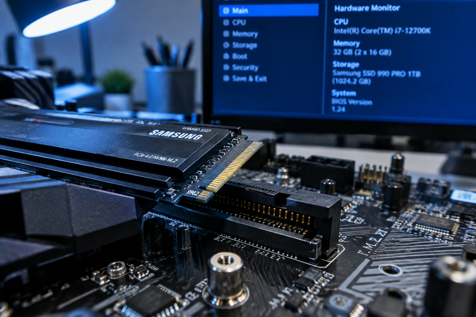 Close-up of an M.2 NVMe SSD not fully seated in motherboard slot with BIOS screen in background