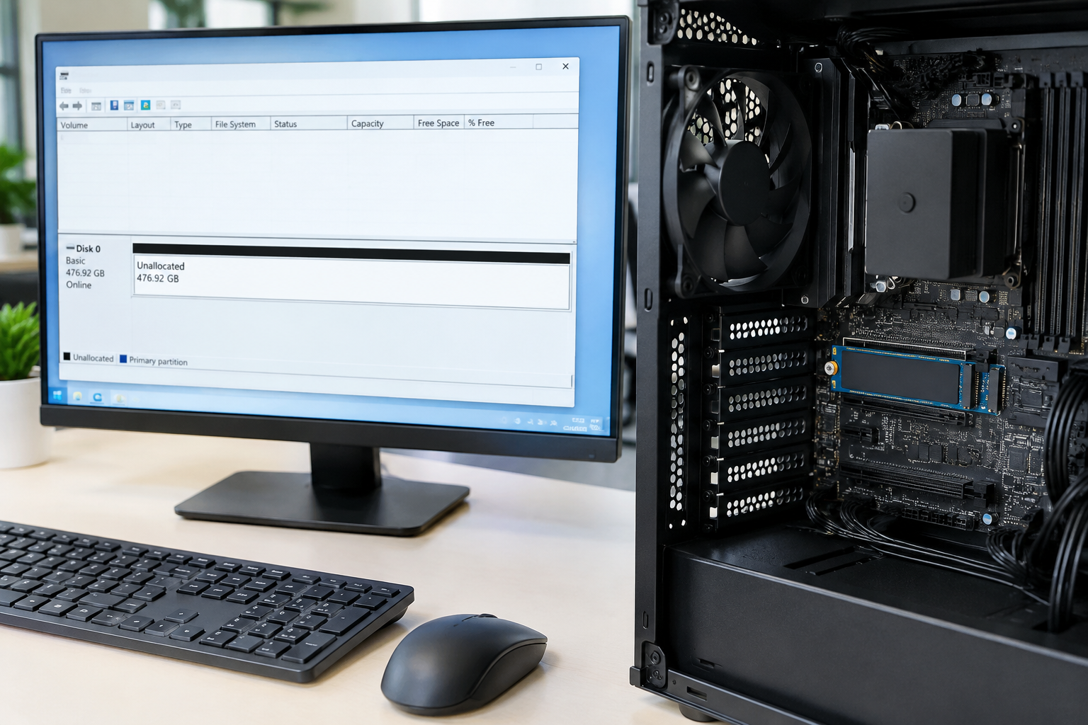 Computer screen showing disk management view next to open PC case with installed NVMe SSD