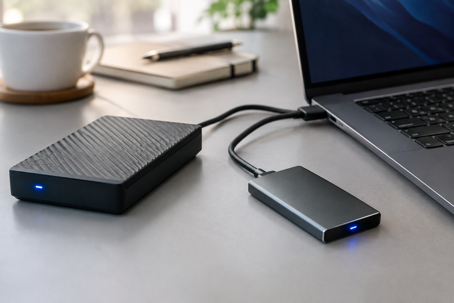 External drive and SSD connected to a laptop representing data backup before warranty claims