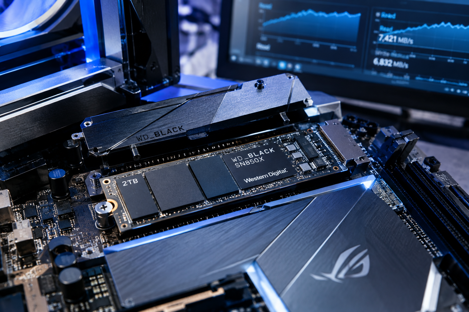 NVMe SSD installed on a motherboard being tested for real-world speed performance