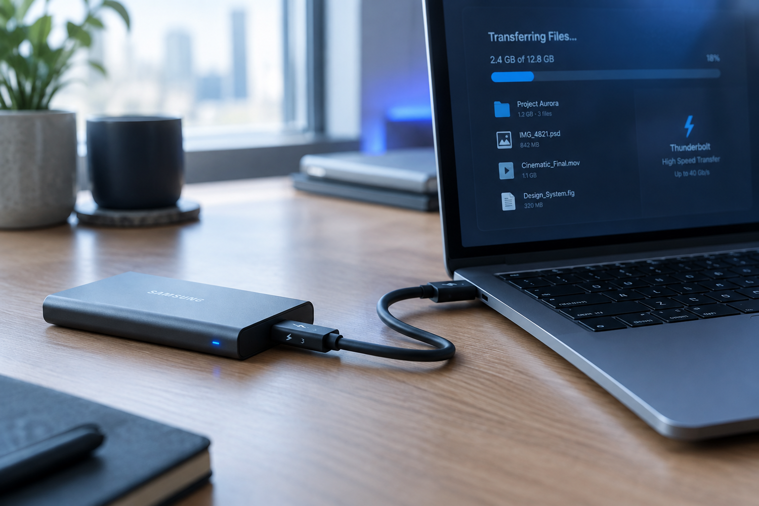 External SSD connected to a laptop via Thunderbolt cable during a file transfer