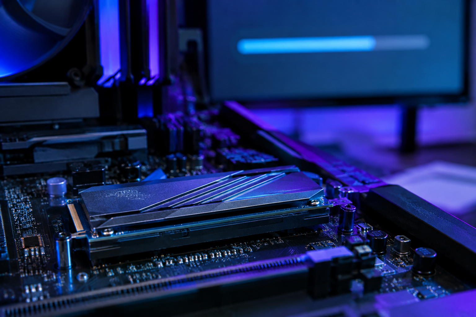 M.2 NVMe SSD installed on motherboard with file transfer visualization in background