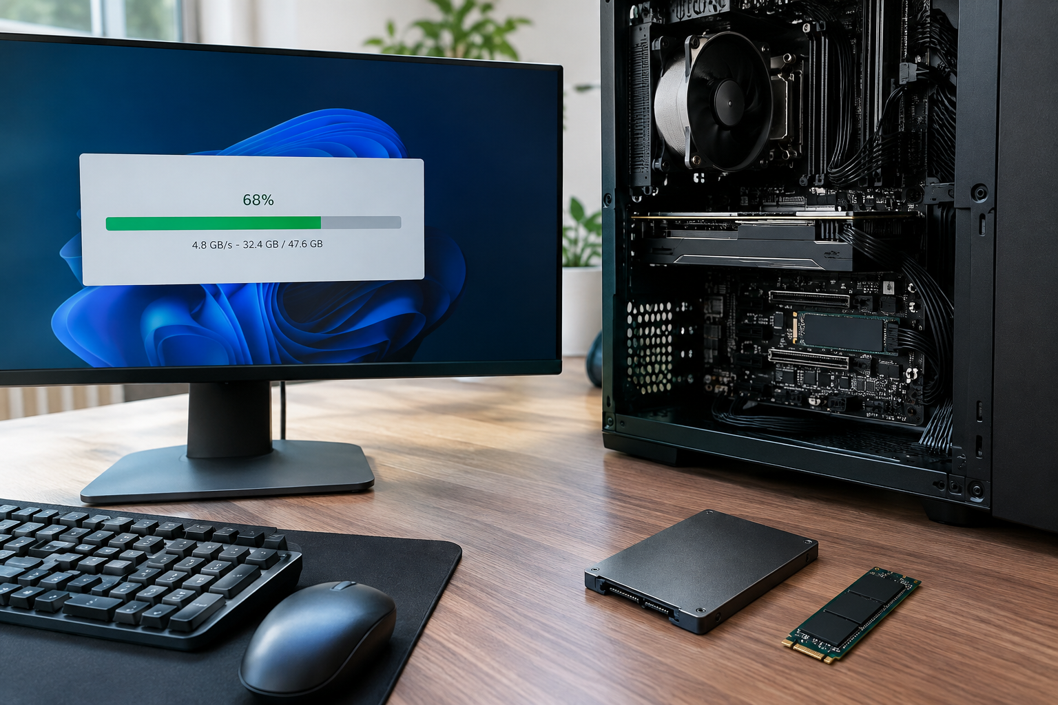 Desktop computer setup with SATA and NVMe drives illustrating real-world data transfer performance