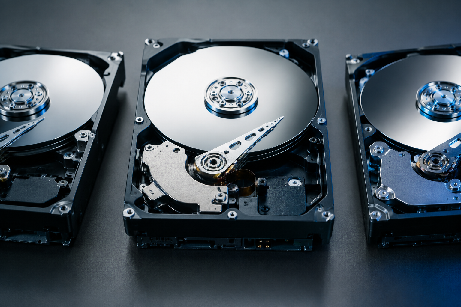 Three open hard disk drives showing internal platters representing different RPM tiers