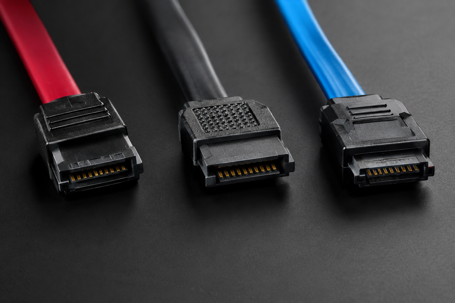 Three SATA cables representing different SATA generations side by side