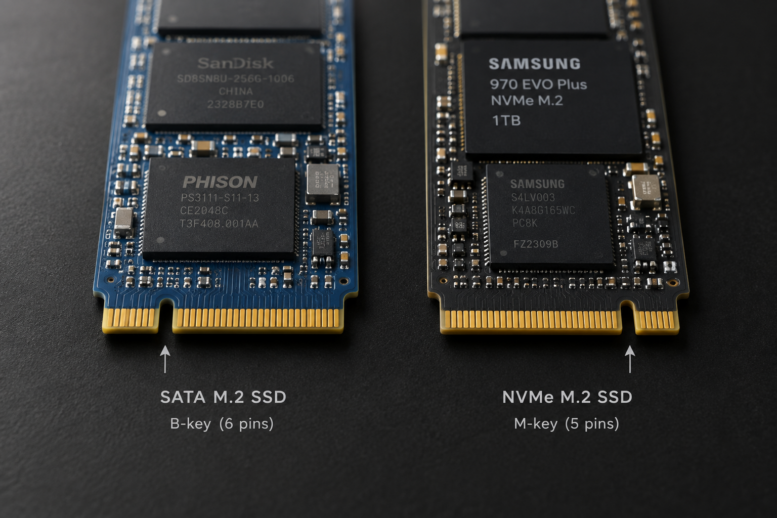 Close-up comparison of a SATA M.2 SSD and an NVMe M.2 SSD showing different key notches