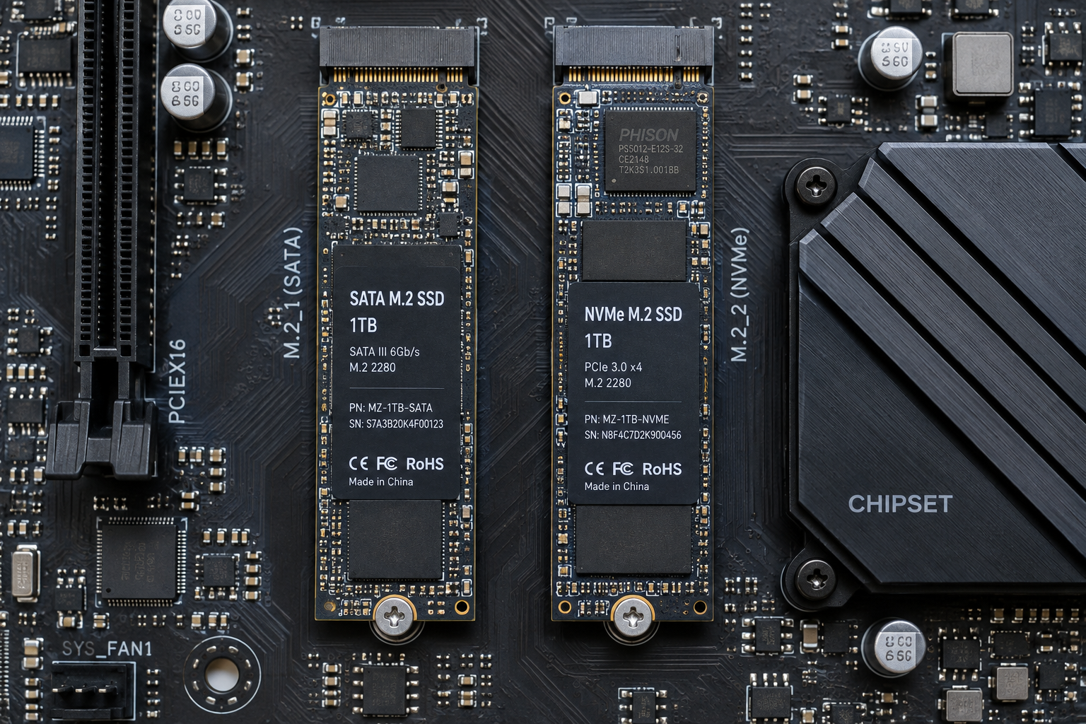 Motherboard with two M.2 slots holding a SATA SSD and an NVMe SSD side by side