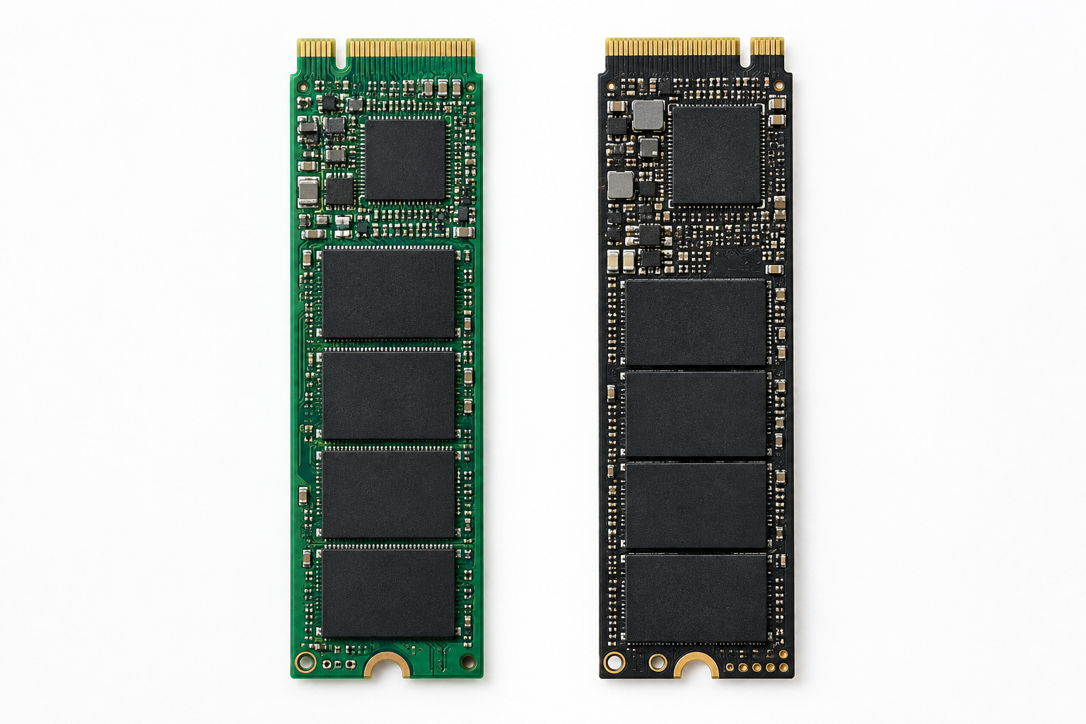 Side-by-side comparison of a SATA M.2 SSD and an NVMe M.2 SSD