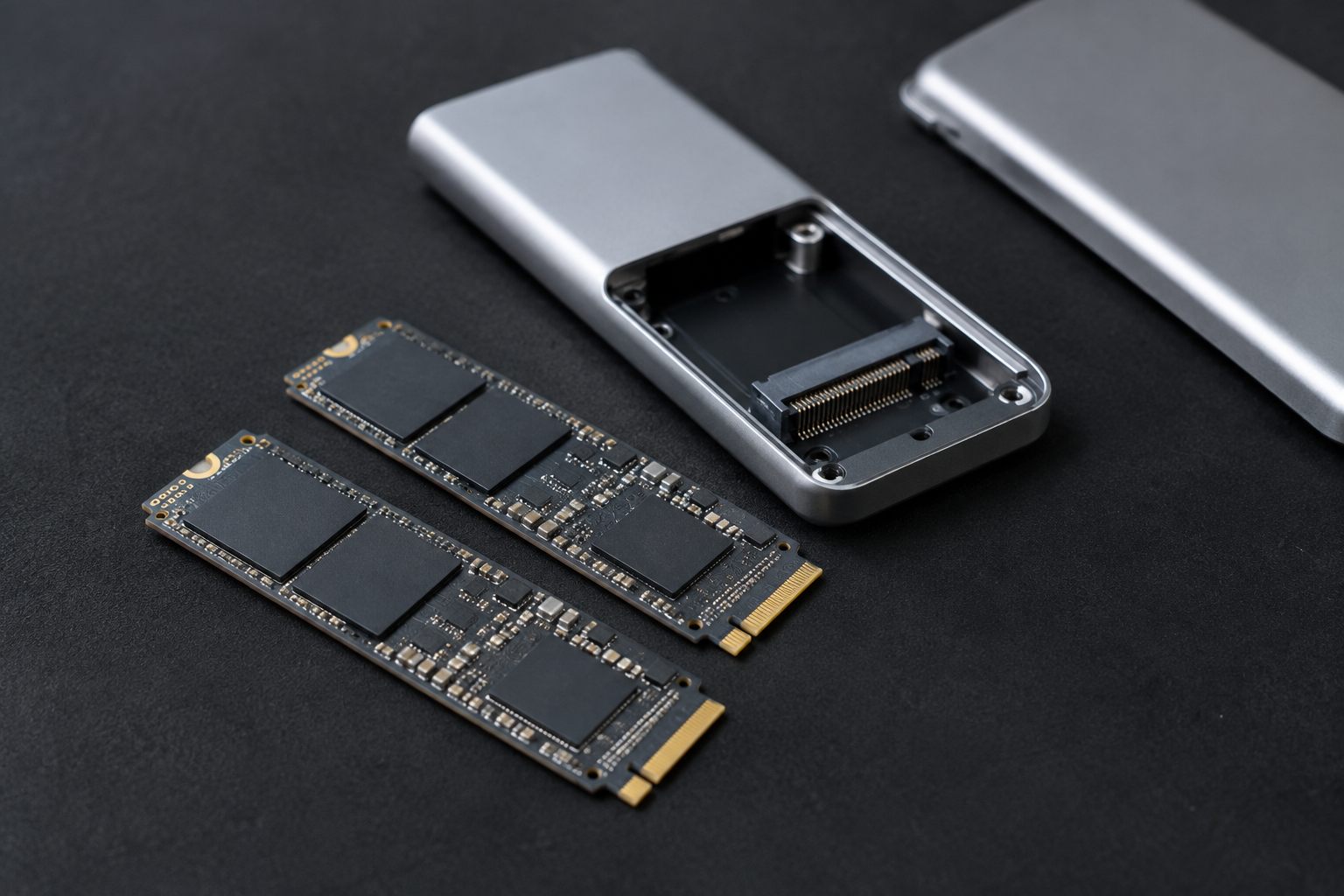 Two M.2 SSD drives beside an open external enclosure showing the internal connector