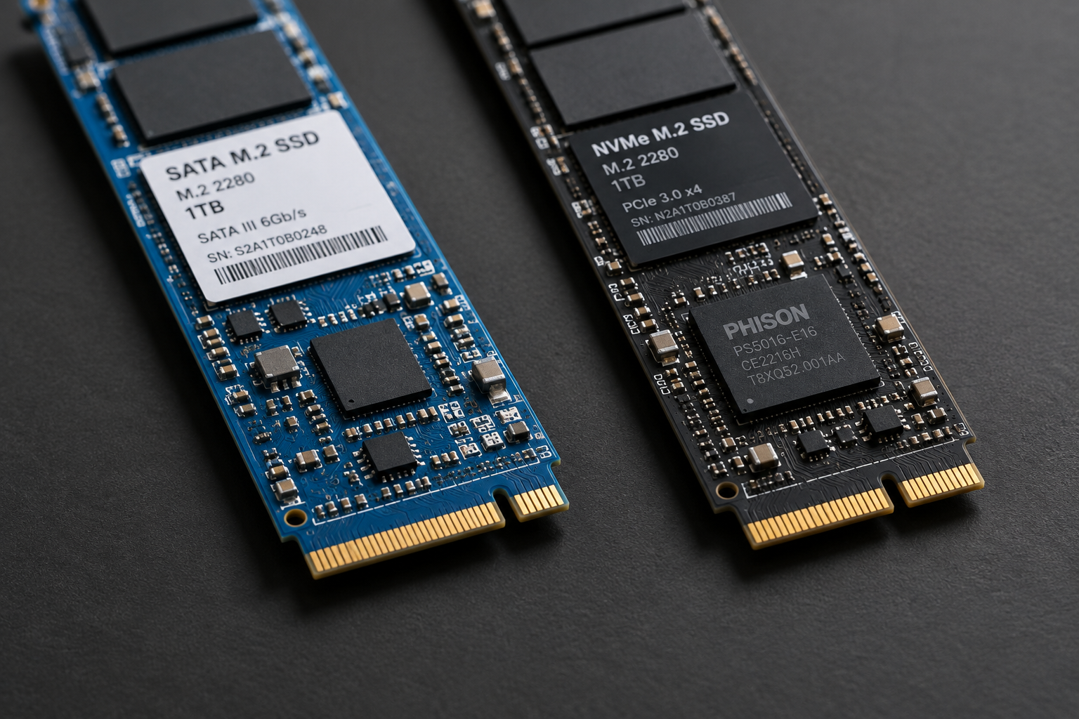 Close-up comparison of a SATA M.2 SSD and an NVMe M.2 SSD side by side