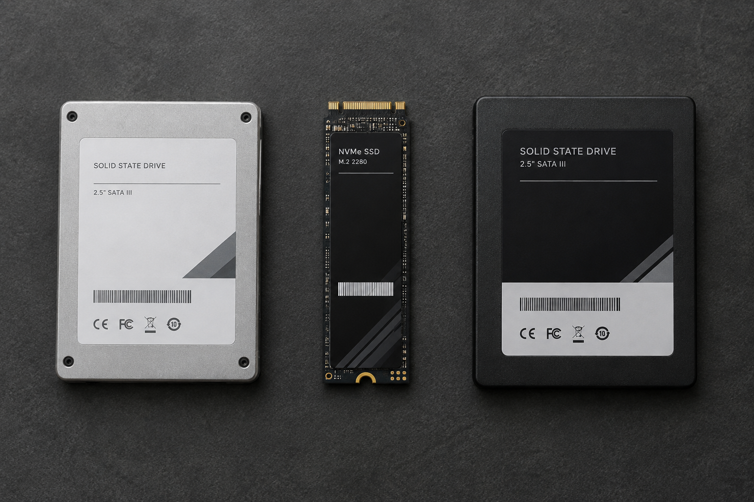 Three SSDs laid out side by side illustrating different identification labels