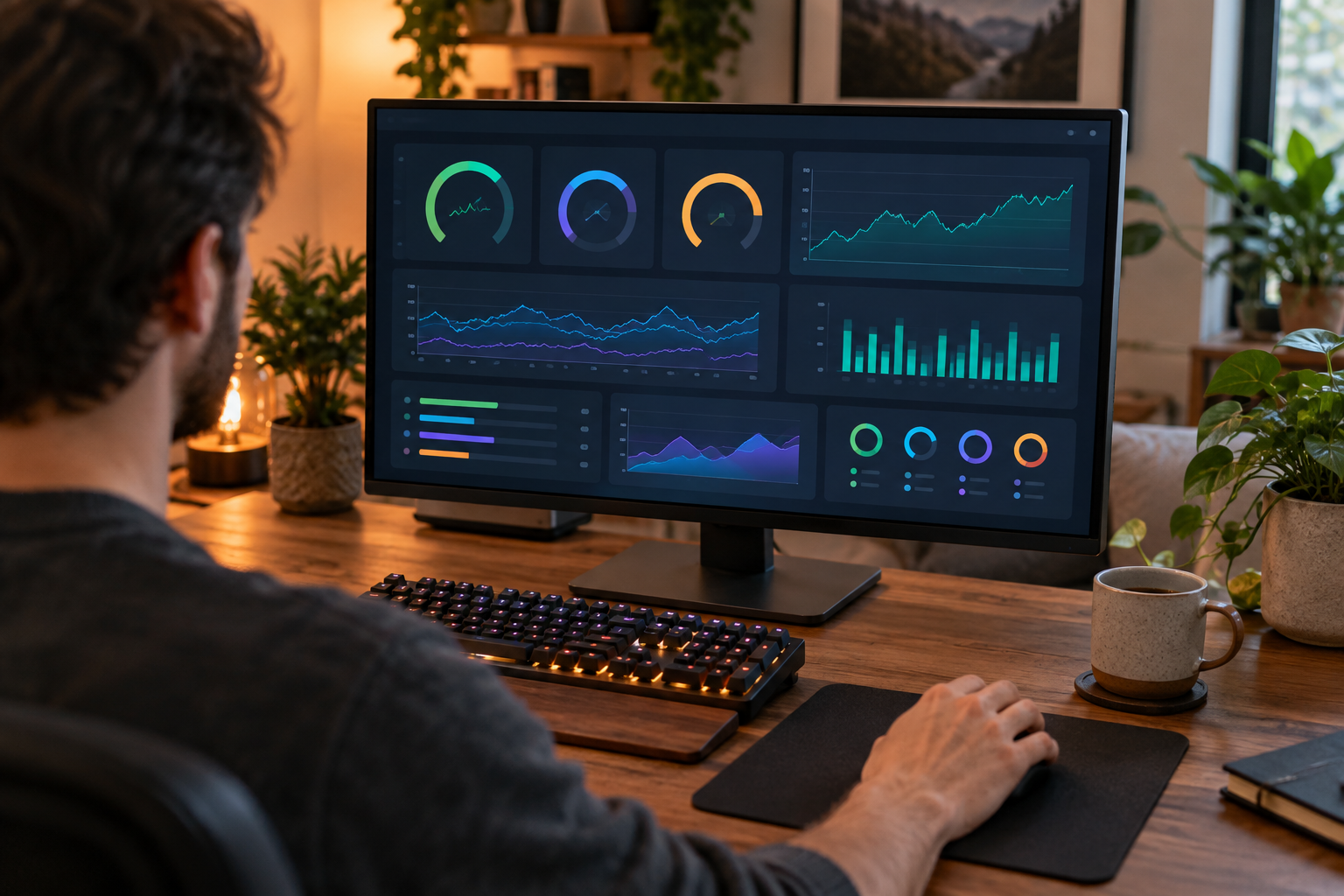 Person monitoring system health dashboards on a desktop computer