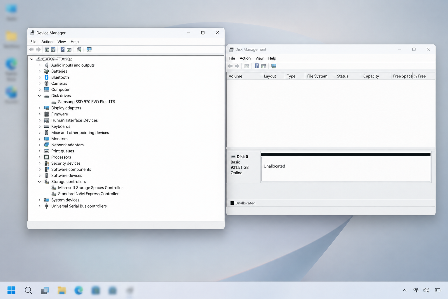 Split view illustration of Device Manager and Disk Management windows showing a discrepancy in drive detection