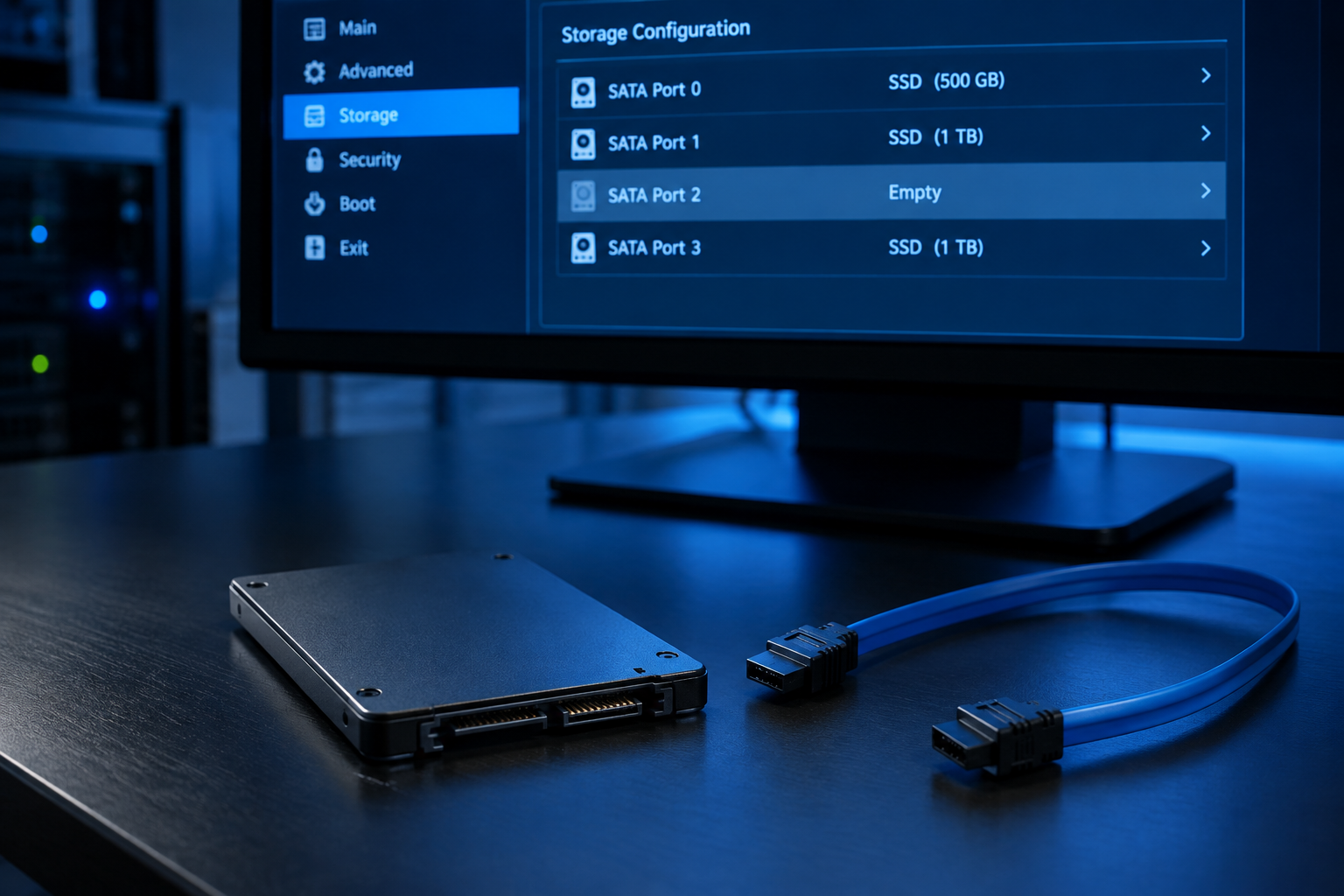 SSD drive sitting unconnected next to a BIOS screen showing no detected storage device
