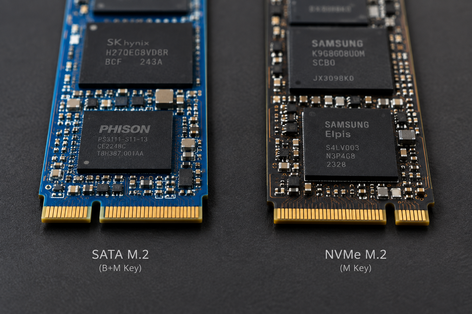 Close-up comparison of SATA M.2 and NVMe M.2 solid state drives side by side