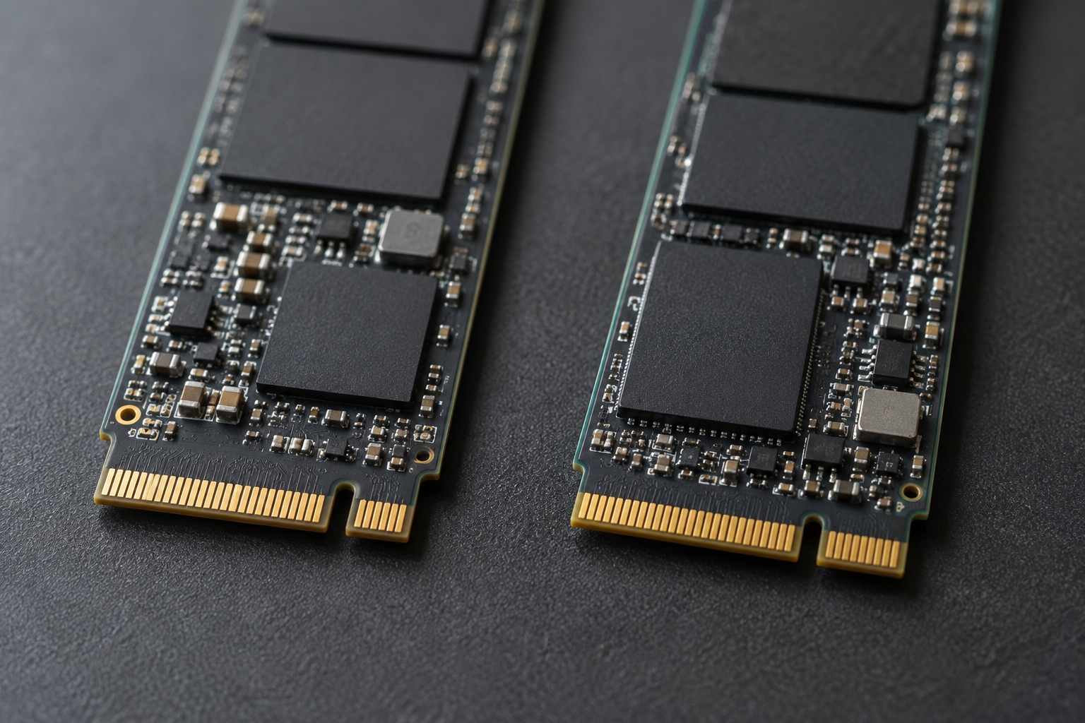 Close-up comparison of SATA M.2 and NVMe M.2 SSD sticks showing different notch positions