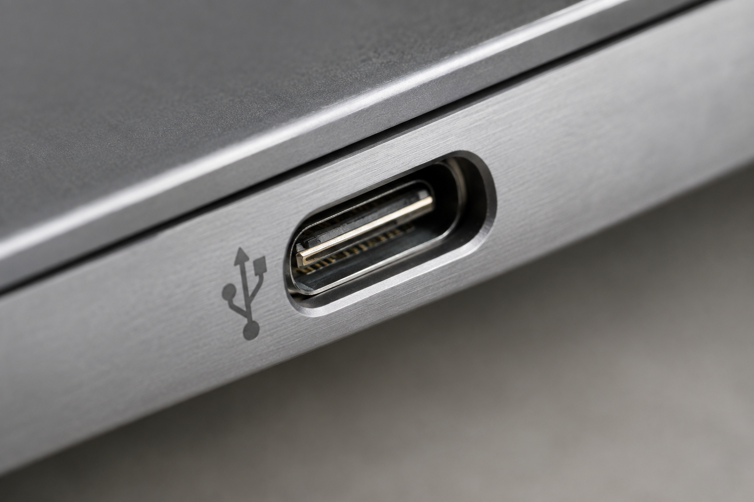 Close-up macro photo of a USB-C port on the side of a laptop