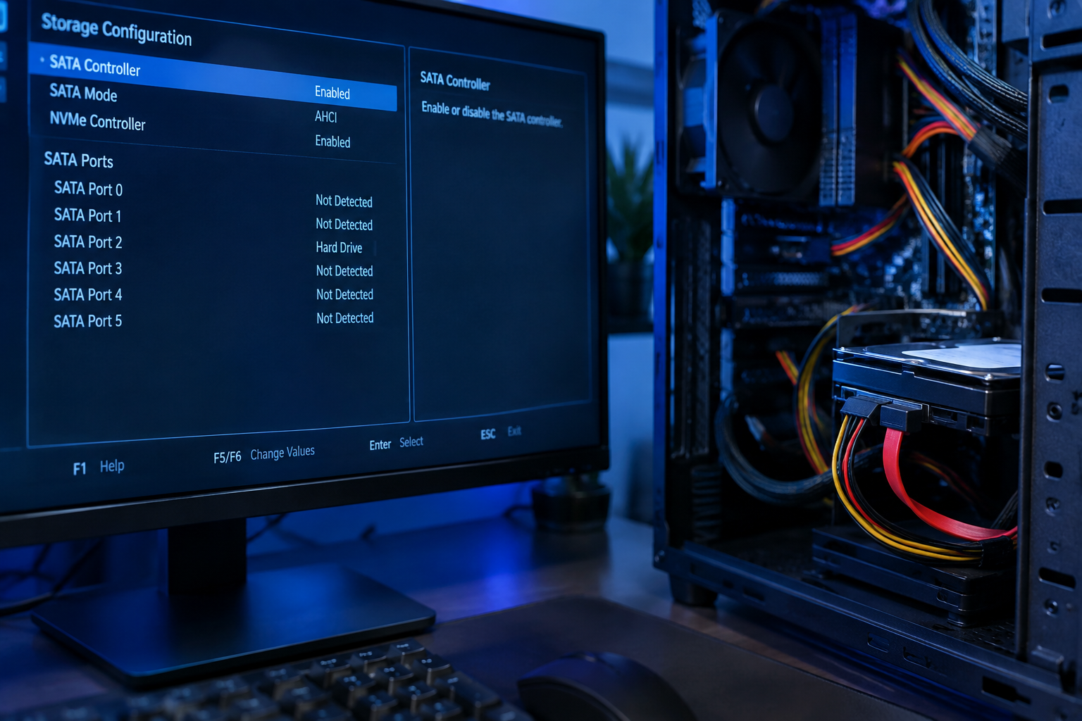 Technician inspecting computer hardware and BIOS settings to locate a missing drive