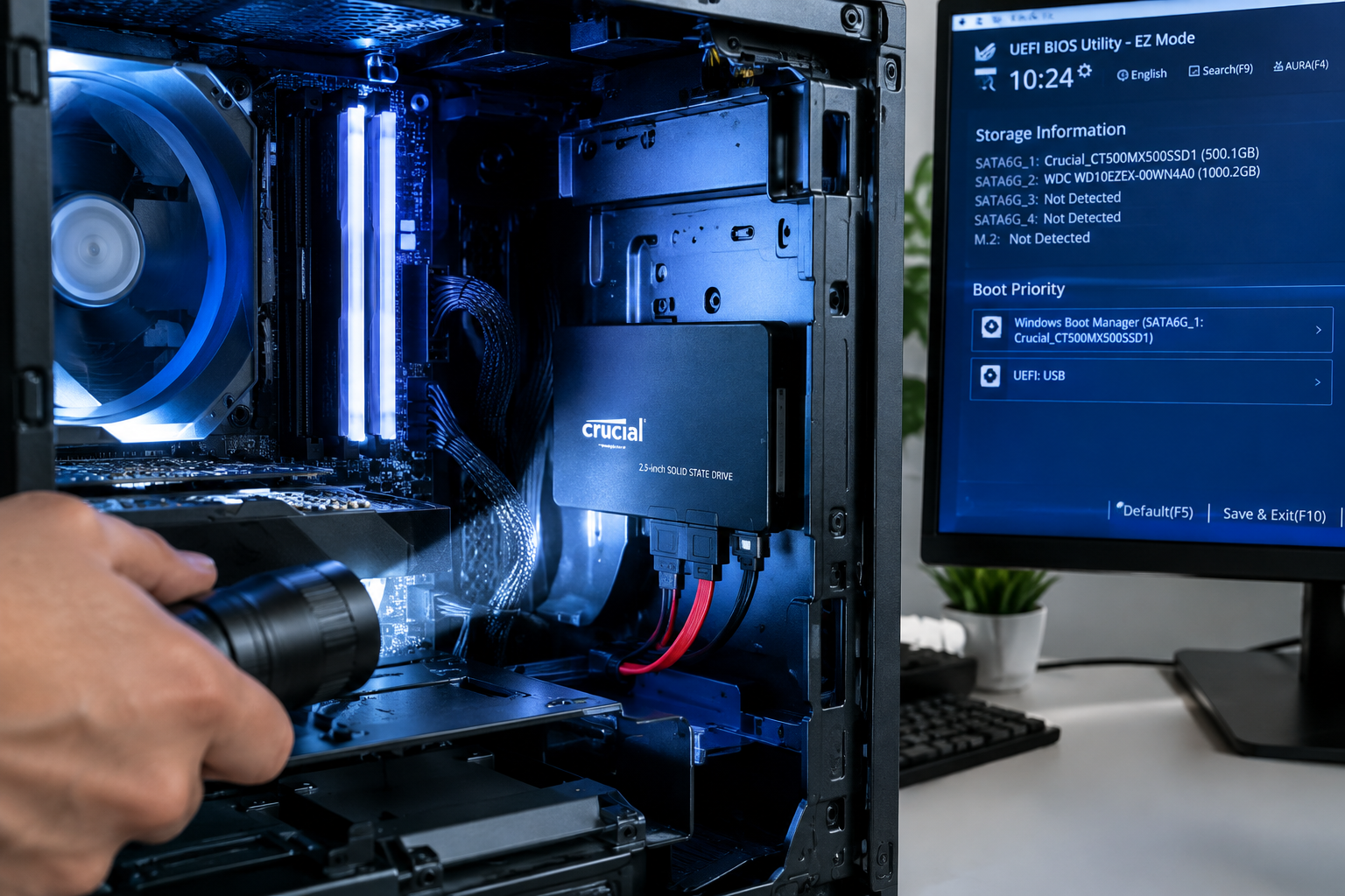 Technician inspecting SSD connections inside a desktop computer to diagnose where the drive disappeared