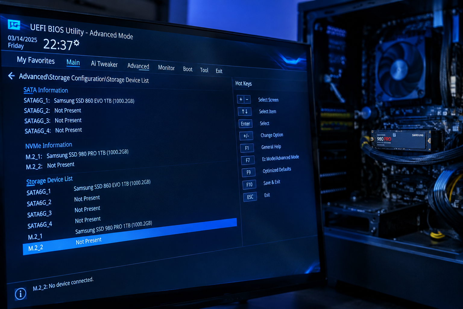 BIOS setup screen showing storage device list with a missing SSD entry