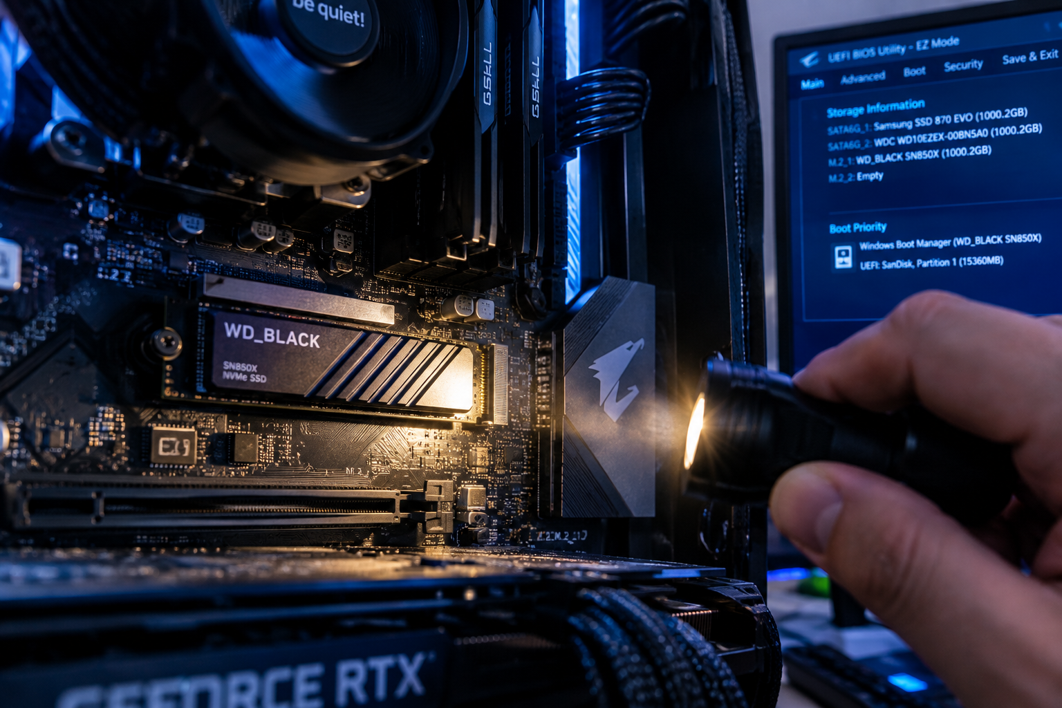 Technician inspecting an NVMe M.2 SSD slot inside a desktop computer case with a flashlight