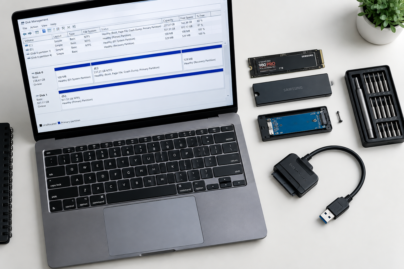 Computer repair workspace with tools and SSD used to fix drive detection issues