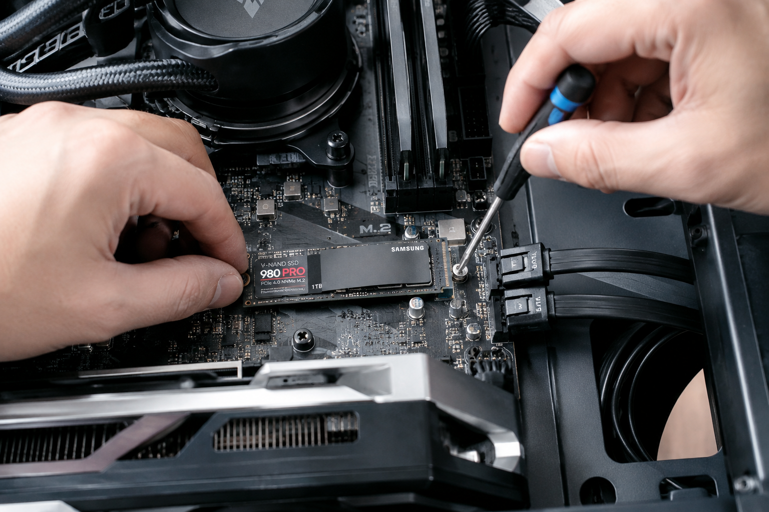 Technician reseating an SSD into a motherboard slot to fix detection issues
