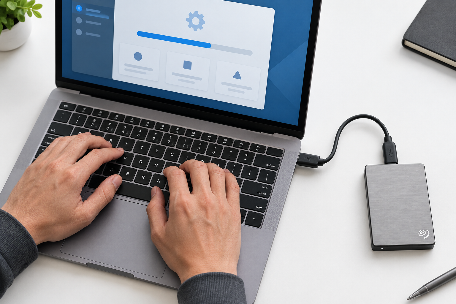 Hands updating firmware on a Seagate SSD connected to a laptop, showing a progress bar during the update process