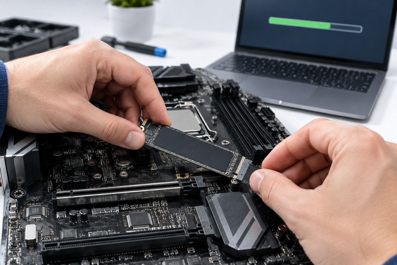 Technician installing an SSD while a firmware update progress bar shows on a nearby laptop screen
