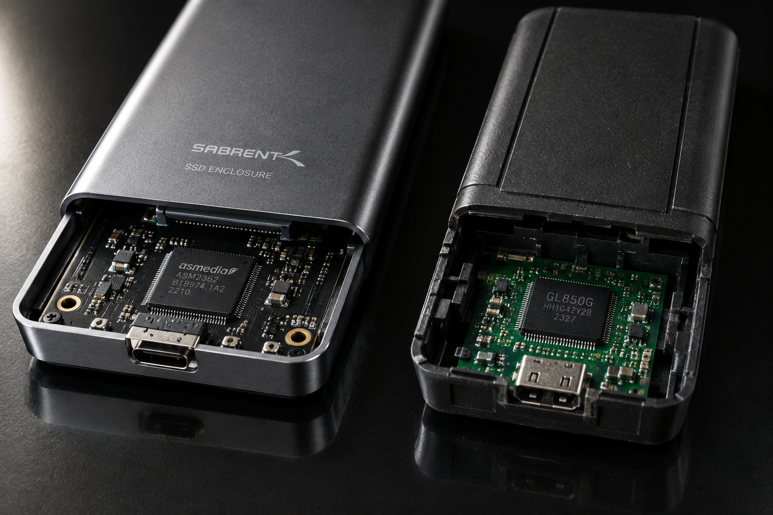 Comparison of a premium aluminum enclosure and a budget plastic enclosure showing internal bridge controllers