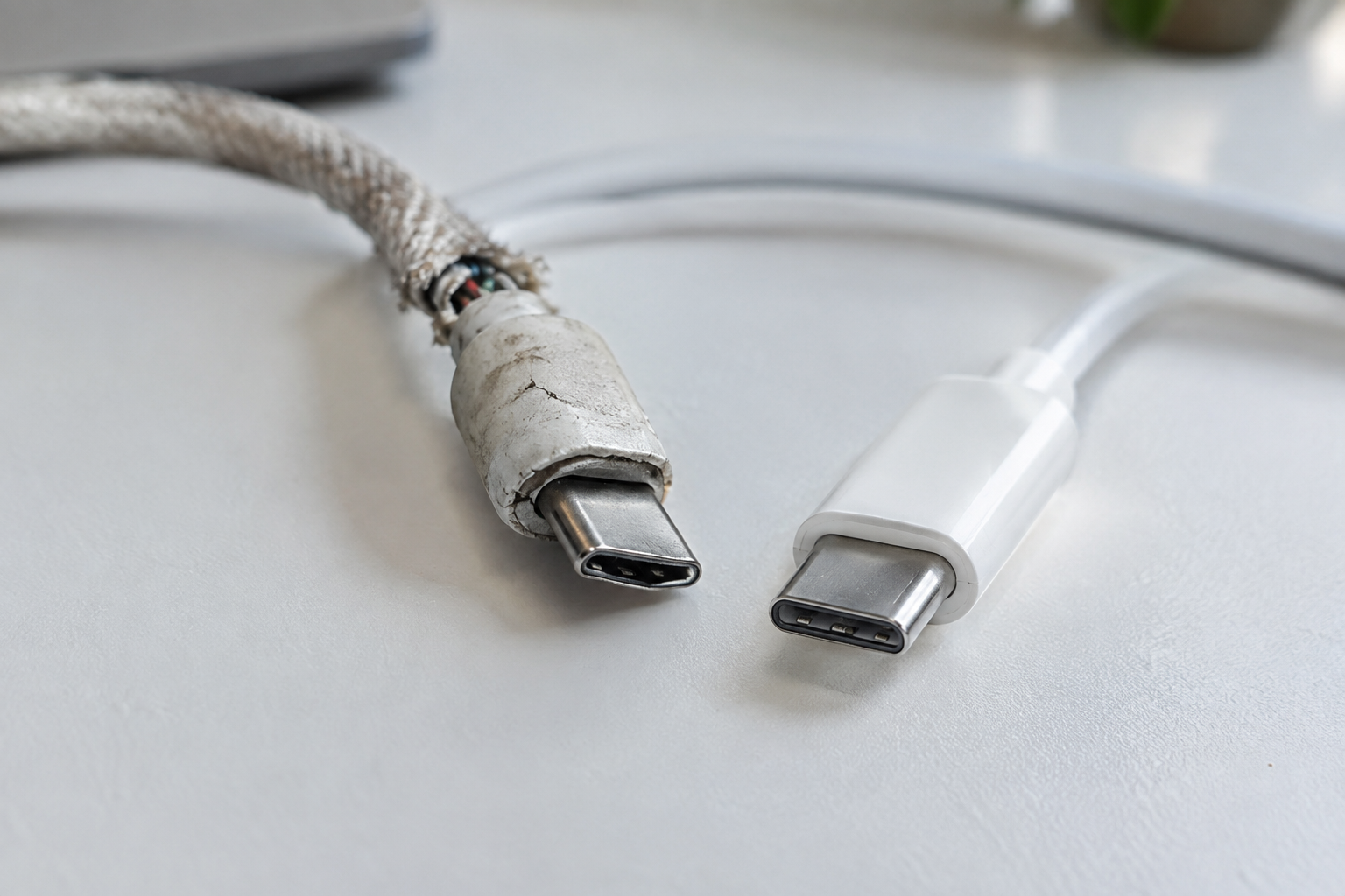 Comparison of a worn, damaged USB-C cable next to a new undamaged cable