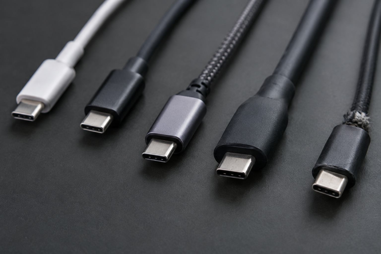 Multiple USB-C cables of different types laid out for comparison on a desk