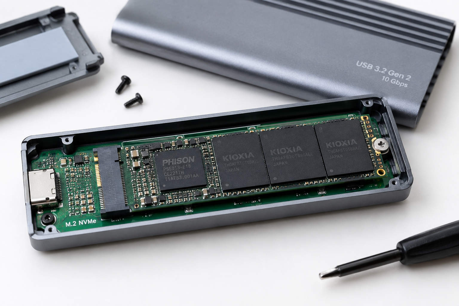 Open external SSD enclosure showing the M.2 NVMe drive and its controller chip