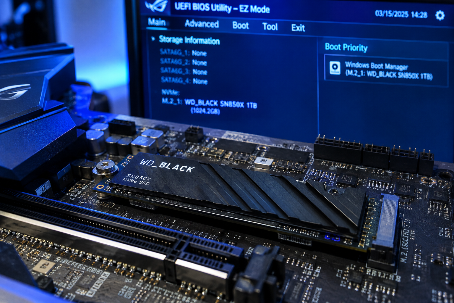 Close-up of an NVMe M.2 SSD installed on a motherboard with a BIOS screen visible in the background