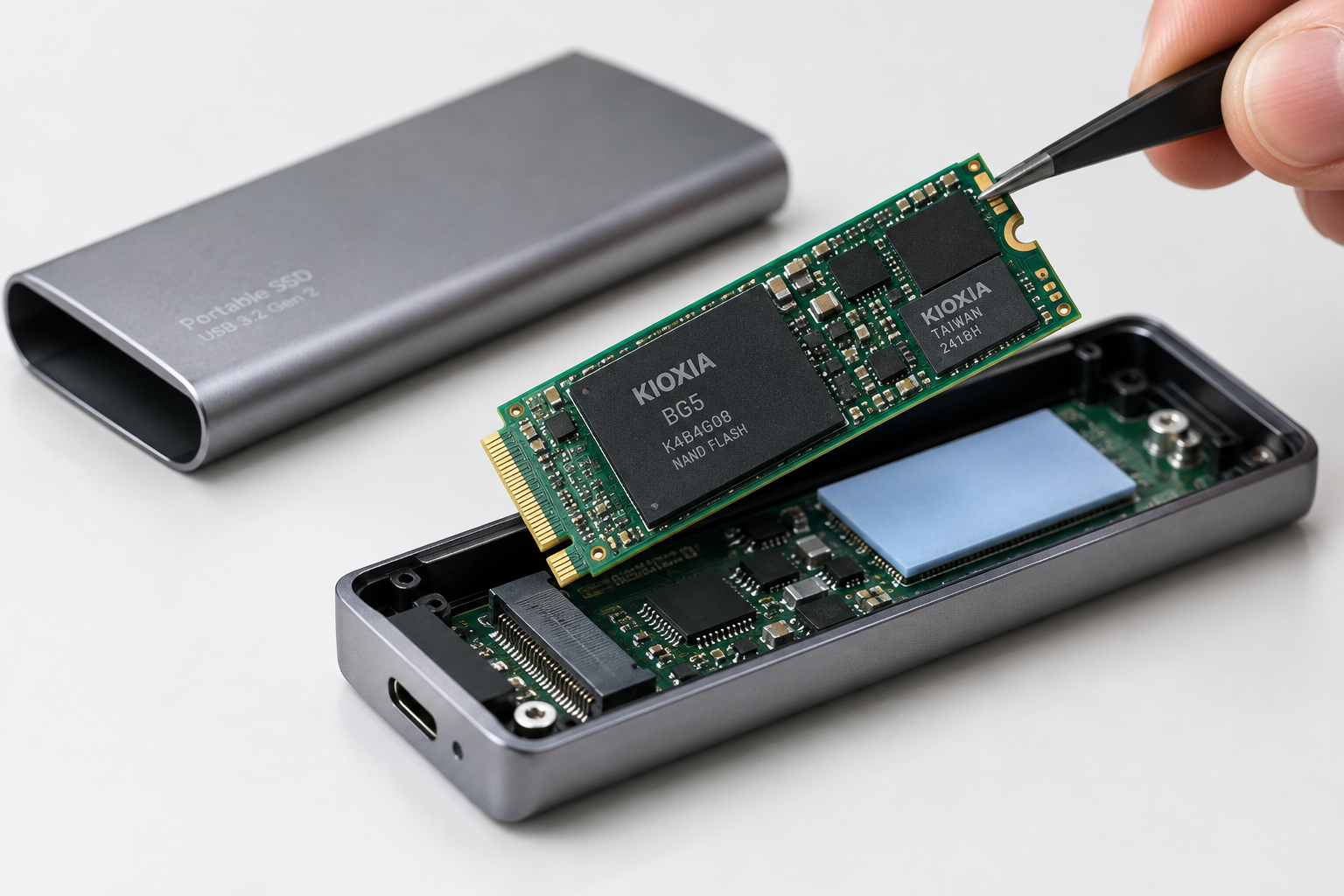 Technician removing an M.2 SSD from an open external enclosure, showing the drive inside