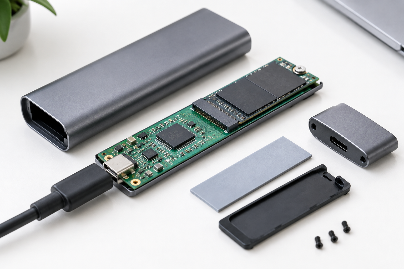 Disassembled NVMe enclosure showing the bridge chip, cable, and USB-C port